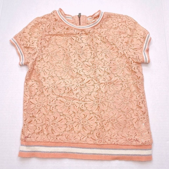 Harper Canyon Blush Pink and Silver Lace Short Sleeve Blouse - Picture 1 of 8